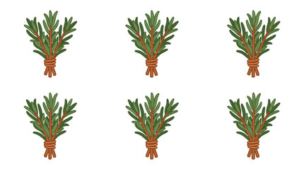 Fototapeta premium Bundle of six green rosemary sprigs, tied with brown twine, isolated on a white background, natural herbs, cooking ingredients, garnish