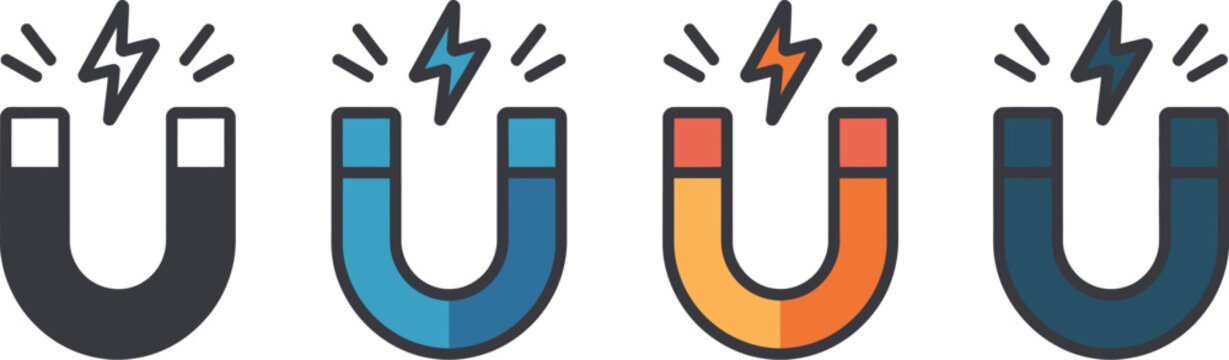 Magnet icons featuring magnetic attraction, lead generation, business growth, physics concepts, and marketing strategy symbols in multiple styles.