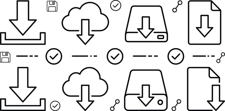 Data download and cloud storage vector icon set featuring arrow cloud hard drive document floppy disk checkmark share.