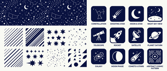 Celestial Patterns and Space Icons: Stars, Moon, Constellations, Rocket, Telescope © purnama