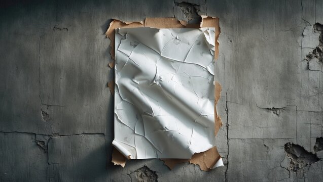 White wrinkled poster template with glued paper mockup on a textured wall. Blank wheatpaste space on an urban setting with street art sticker mockup. Clear advertising canvas on a billboard.