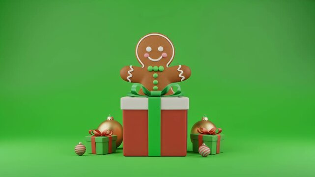 Gingerbread man rising from Christmas gift box with festive lights during winter holidays
