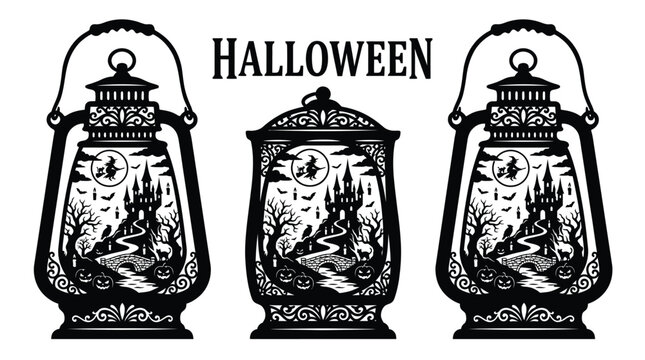 Three ornate black lantern silhouettes featuring intricate carved halloween scenes with spooky castles and witches