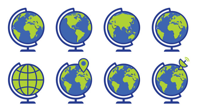 Pixel art globes collection with different icons, digital illustration of earth, representing global connection and data