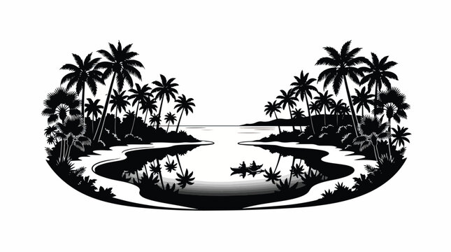 Black and white vector illustration featuring a tropical island lagoon with palm trees and a small boat for summer travel