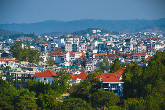 aerial view of Dalat city with Vietnamese houses and hotels in Vietnam in Asia