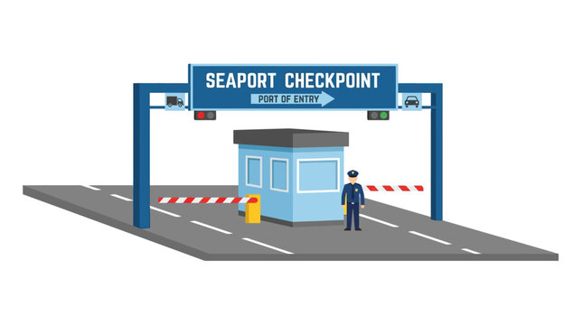 Seaport checkpoint with guard and barrier, port of entry, security control