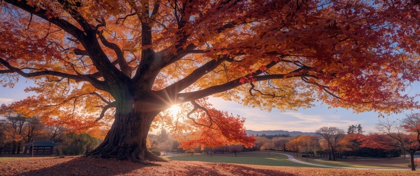 Majestic Autumn Maple Tree Backlit by Sunlight - Park Landscape, Warm Colors, Wide Shot