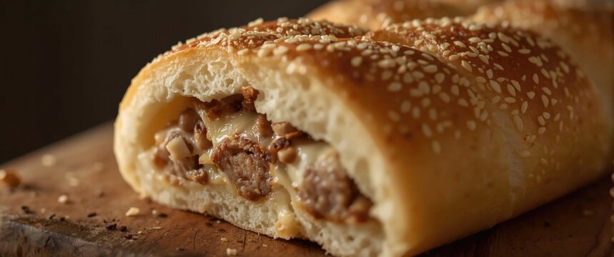 Savory Meat-Stuffed Bread Roll with Sesame Seeds on Wooden Board