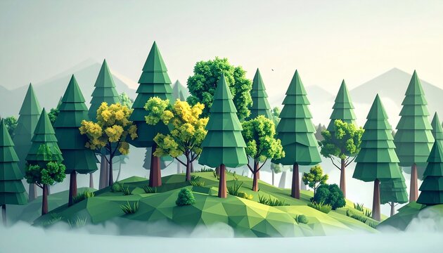 Low Poly Forest Landscape with Fog and Mountain Backdrop.
