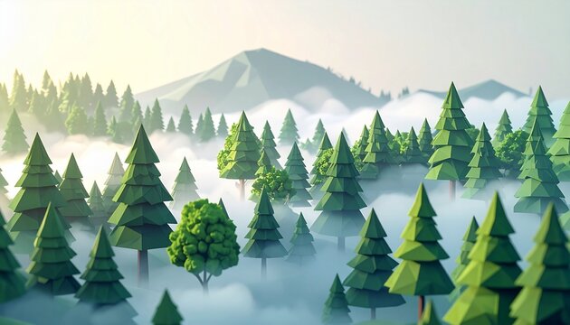 Low Poly Forest Landscape with Fog and Distant Mountains.