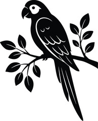 Fototapeta premium Black silhouette of a parrot sitting on a tree branch with leaves Vector