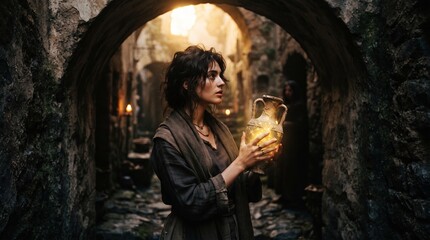 Obraz premium Woman Holding Glowing Crystal in Ancient Stone Tunnel, Mystical Fantasy Adventure Scene 