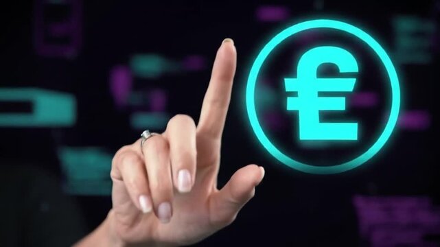Hand pointing at glowing blue British pound sterling symbol on digital data background