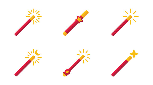 Collection of six pixel art magic wands with golden tips and sparkling effects, flat icons for fantasy or game design
