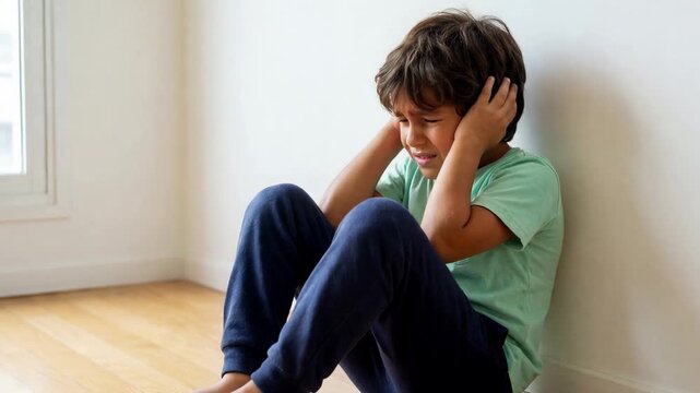 Young boy sitting alone on the floor in a corner, covering his ears while crying in emotional distress, representing concepts like bullying, domestic violence, anxiety, and autism