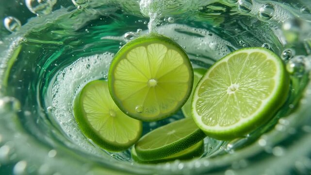 Juicy lime slices spinning inside a glass full of sparkling water creating a dynamic vortex with effervescent bubbles, representing freshness, detox drinks, and healthy ingredients