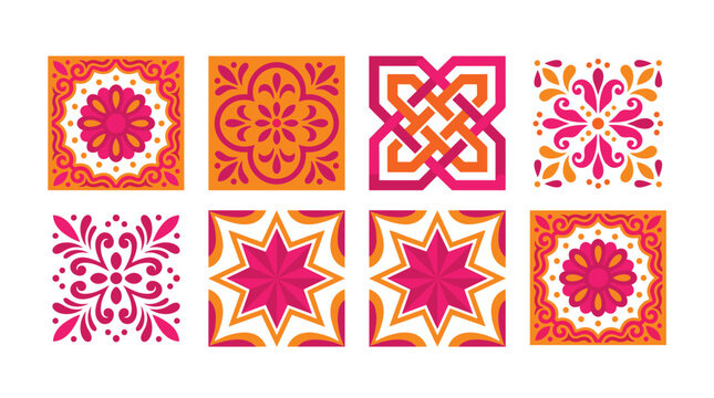 collection of eight pixel art mosaic tiles in vibrant pink orange and white for decorative patterns and graphic design elements