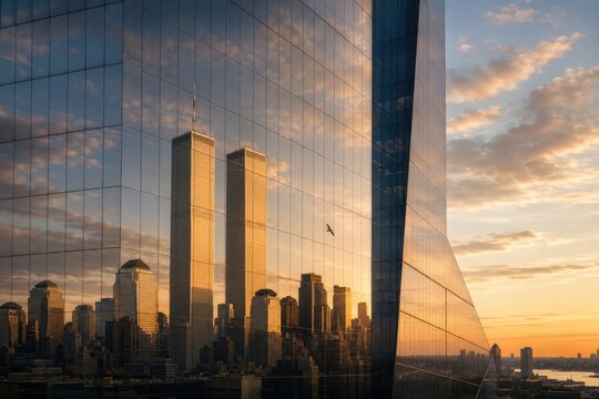Mirrored facade showcases vibrant sunset colors, echoing twin towers' legacy and urban spirit.