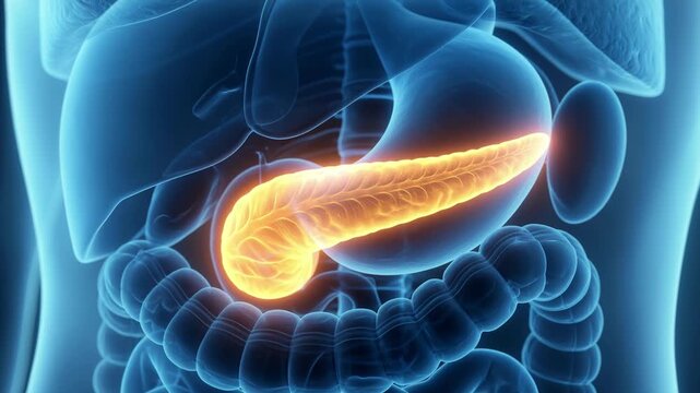 Medical animation showing a detailed view of the human pancreas and its surrounding organs, illustrating the gland's position within the abdominal cavity for anatomical and educational purposes