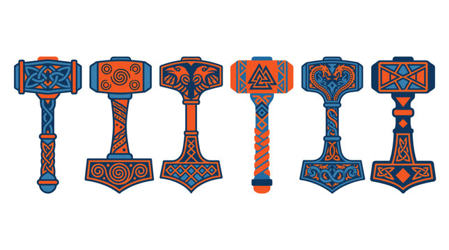 collection of pixel art norse mjolnir thor hammer icons with intricate patterns, viking art symbols, scandinavian mythology, vintage game assets