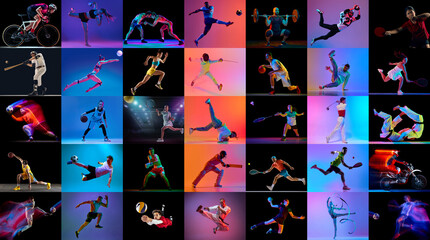 Fototapeta premium Colorful sports social media set with athletes performing multiple disciplines on dark backgrounds. Concept of multisport media campaign, fitness club ads, event promotion and athletic branding.