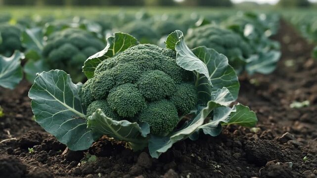 Close up of a vibrant green broccoli head with large leaves, cultivated in rich, dark soil on an organic farm, showcasing the details of the vegetable ready for harvest in the agricultural row
