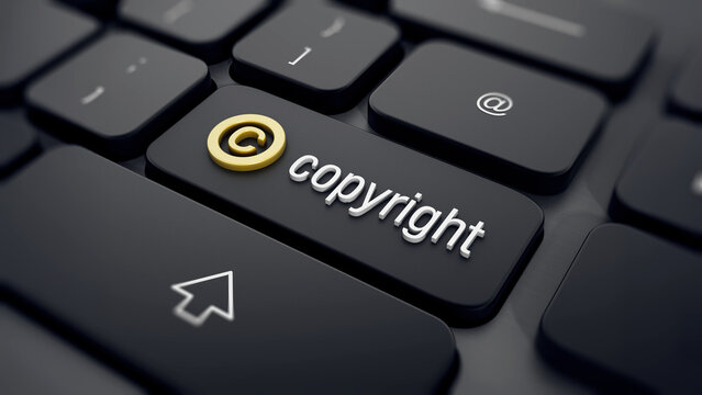 Copyright symbol and text on keyboard key. 3D illustration