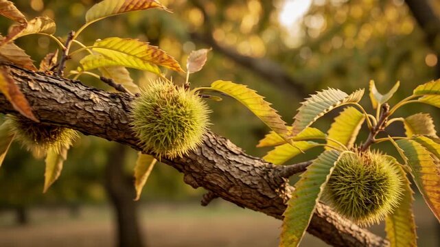 Sweet chestnuts growing inside spiny burs on a tree branch during a sunny autumn day. The warm sunlight filters through the yellow leaves, creating a beautiful and serene seasonal atmosphere