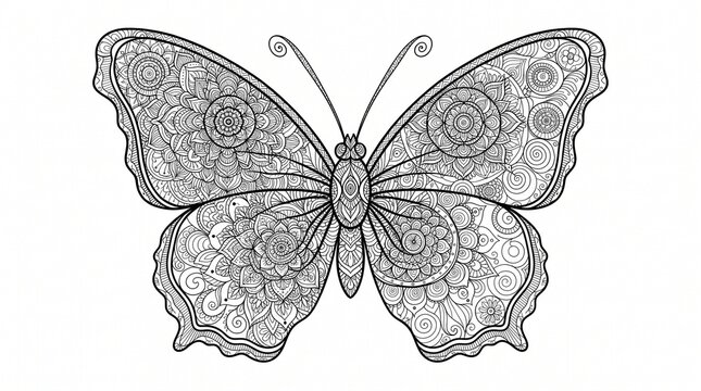 Intricate Butterfly Mandala Line Art Coloring Page Illustration