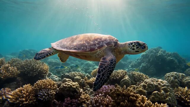 Beautiful green sea turtle gliding elegantly underwater over a vibrant coral reef garden, with stunning sun rays illuminating the clear blue ocean and its rich marine life