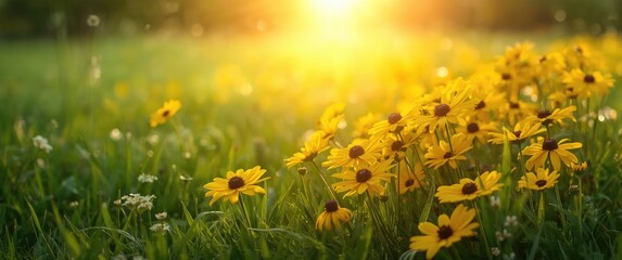 Fototapeta premium Yellow Flowers Blooming in a Sunlit Meadow during Golden Hour