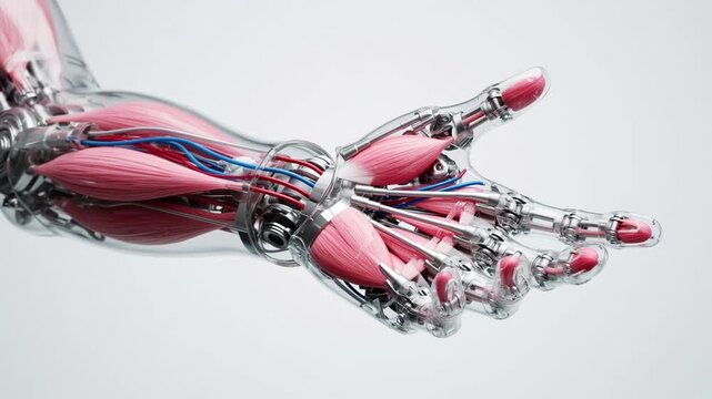 Advanced robotic arm with transparent skin revealing artificial muscles and a complex mechanical structure, slowly opening from a clenched fist to a welcoming palm, isolated on a white background