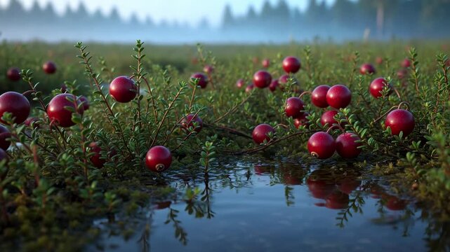 Close up of ripe, red cranberries on the vine, growing in a wet bog with water reflections. The autumn harvest scene unfolds with a misty, soft focus forest in the background