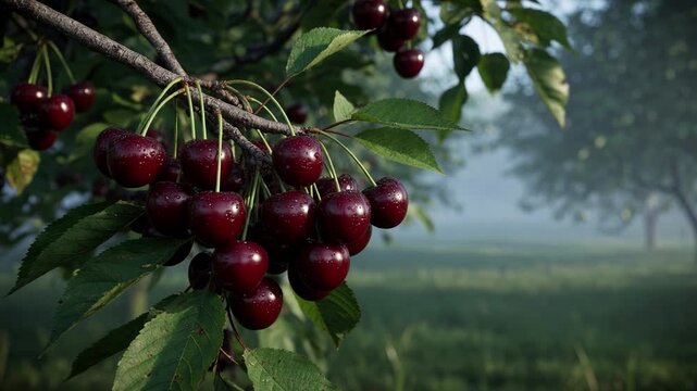 Cluster of fresh, ripe cherries with morning dew hangs from a branch in an orchard. A beautiful, serene, and foggy morning countryside landscape provides a soft focus background