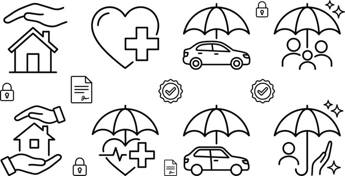 Insurance and protection policy vector icon set featuring home health car family umbrella hand safety coverage contract security.