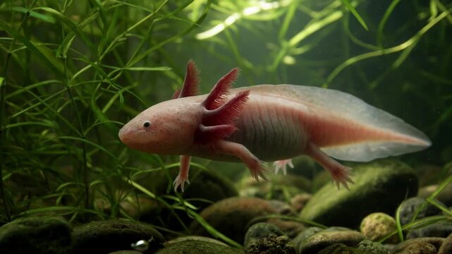 Beautiful leucistic axolotl, also known as a mexican walking fish, gracefully swimming in a freshwater aquarium with green aquatic plants and a rocky bottom in a close up profile view