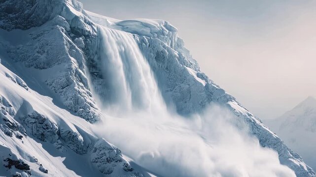 Powerful snow avalanche cascading down a majestic, rugged mountain, sending a massive cloud of snow and ice powder into the air. Dangerous winter landscape showing the raw force of nature