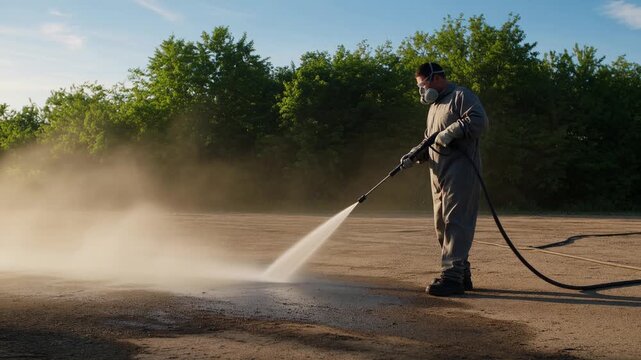 Professional cleaner wearing protective suit, mask, and glasses using a high pressure water jet to clean a dusty asphalt surface outdoors, with steam and dust rising from the ground