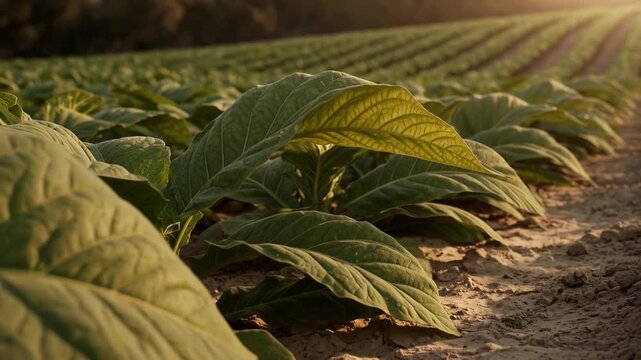Young tobacco plants with large green leaves growing in long rows on a plantation during a warm, golden sunset, with a close up revealing the intricate details of the leaf veins