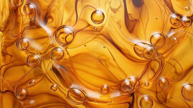 Macro view of a beautiful, viscous golden liquid, resembling honey or oil, swirling gracefully as shiny bubbles slowly rise and move through its transparent, amber colored texture