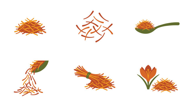 Collection of saffron stigmas and threads, illustration of spice, food ingredient, and decorative element, suitable for culinary or botanical themes