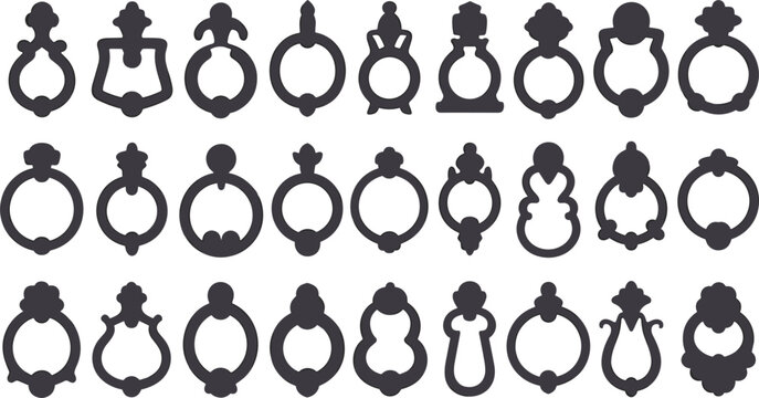 Vintage door knocker silhouette collection featuring antique classic ring handles for architectural design elements and hardware decoration