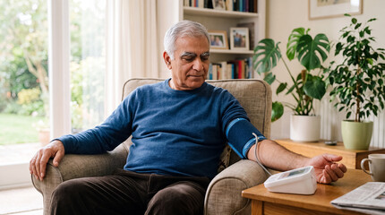 Fototapeta premium senior man bloodpressure monitor healthcare home hypertension wellness retirement checking Older man measures his blood pressure while seated comfortably at home demonstrating preventive health
