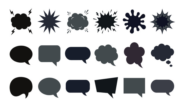 Black silhouette comic speech bubble and empty splash vector set. Dark shapes, transparent background chat boxes.