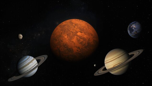 Planets in Space with Mars as the Central Focus and Starry Background