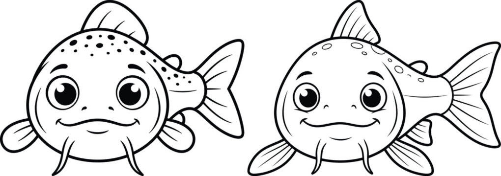 Cute smiling baby catfish outline vector illustration for children coloring page
