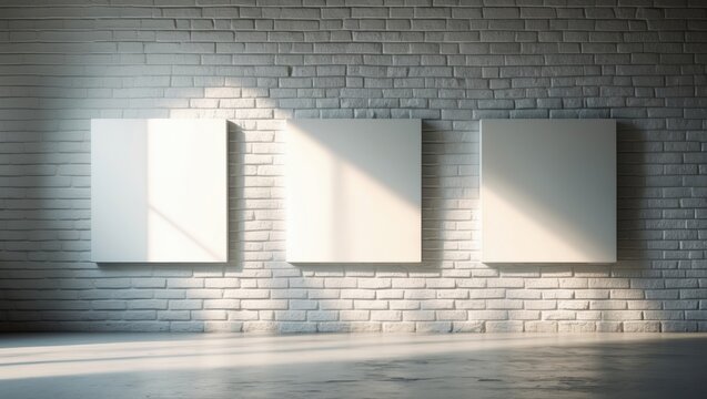 Three Square Posters displayed on the art gallery's white wall.
