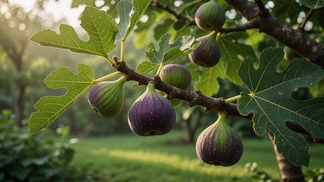 Juicy ripe and unripe figs hanging on a lush green branch, gently swaying in the breeze with a beautiful sunlit garden in the blurred background, showcasing natural and organic farming