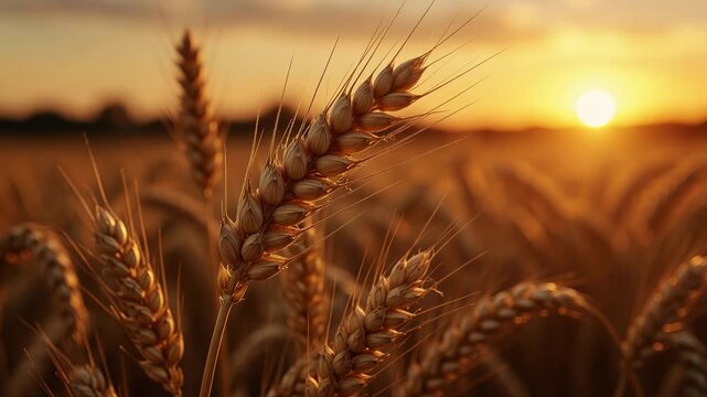 Close up of ripe golden wheat ears gently swaying in a serene field during a warm and beautiful sunset, highlighting the concept of harvest, agriculture, and natural beauty in the countryside